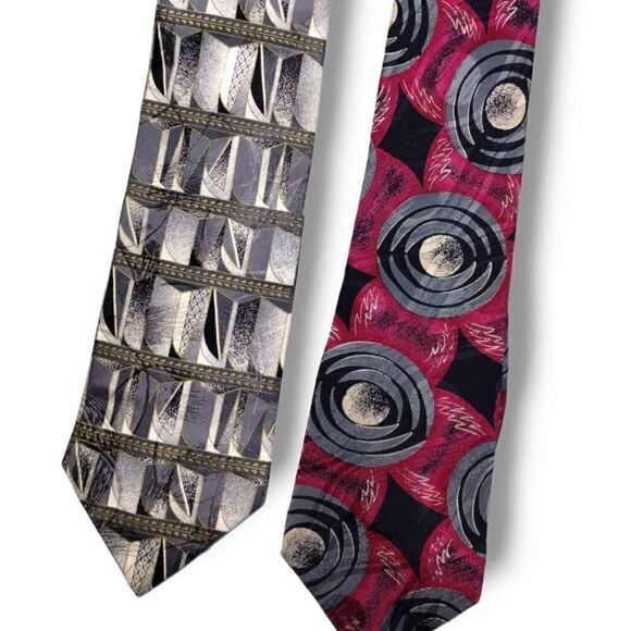 Oscar de la Renta Feraud Mens Silk Ties Graphic Designs Red Grey Business - Picture 1 of 6